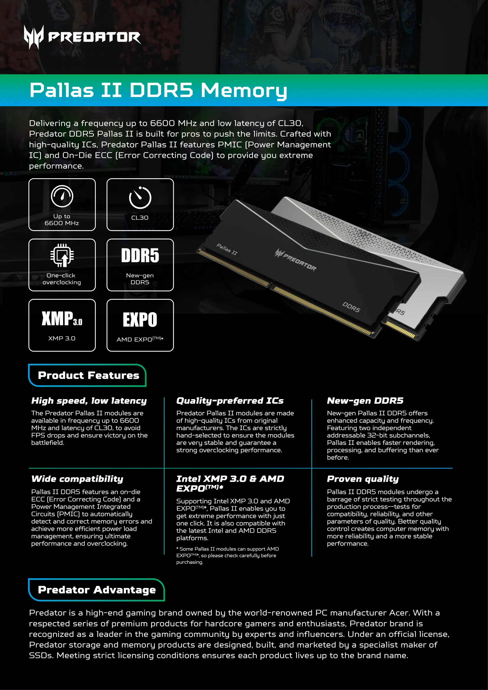 Acer Predator Pallas II 32GB (2 X 16GB) DDR5 6000MHz CL32 Desktop Ram (Silver) overview 1