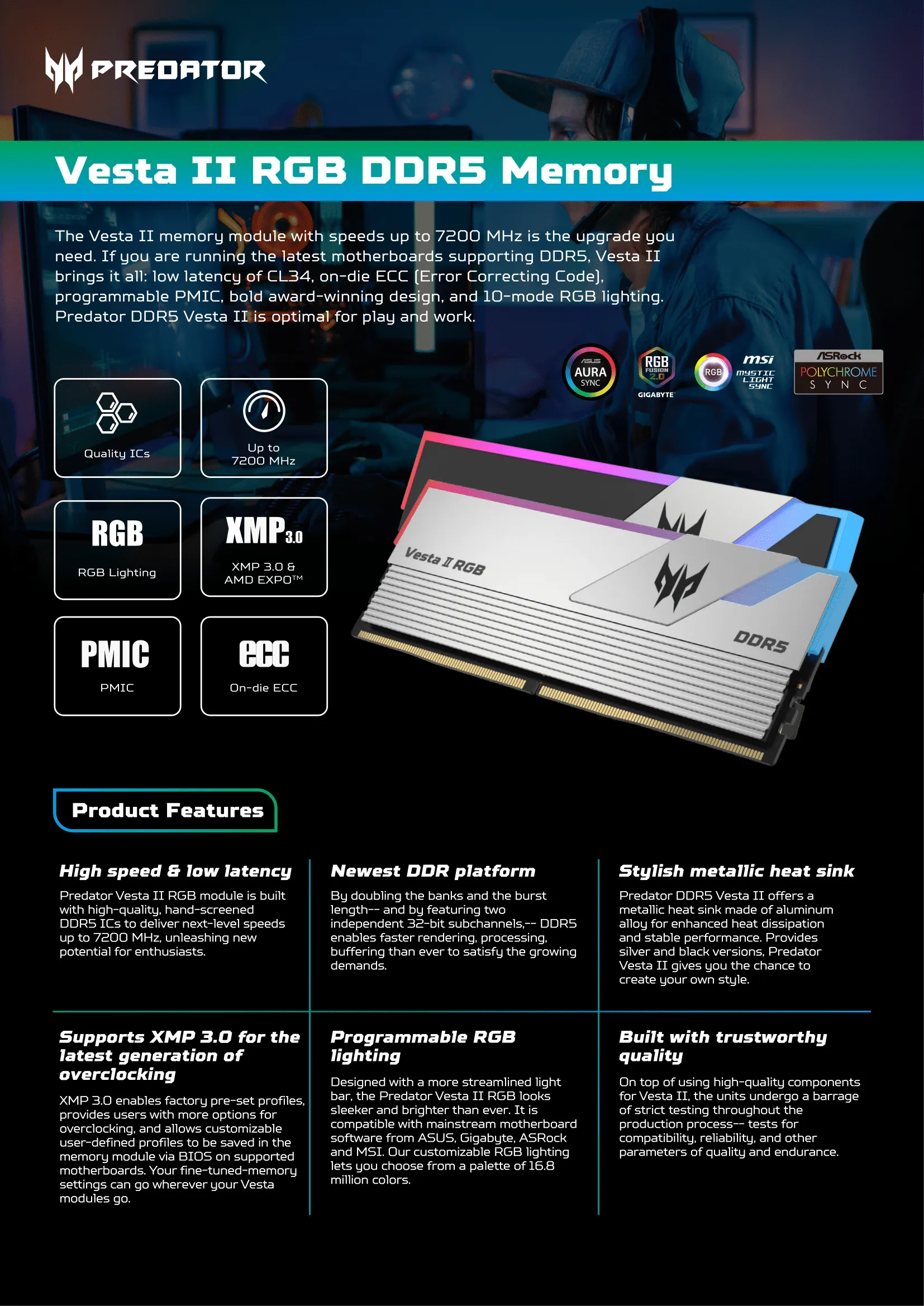 Acer Predator Vesta II RGB Series 32GB (16GBx2) DDR5 6000MHz CL30 Desktop Ram (Silver) overview 1