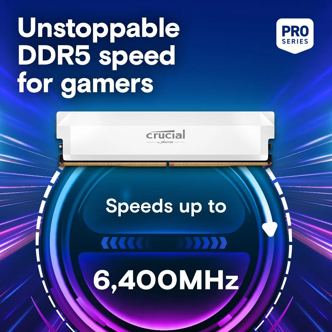 Crucial 16GB Pro Overclocking DDR5 6400 MHz UDIMM Memory Module (White) overview 1