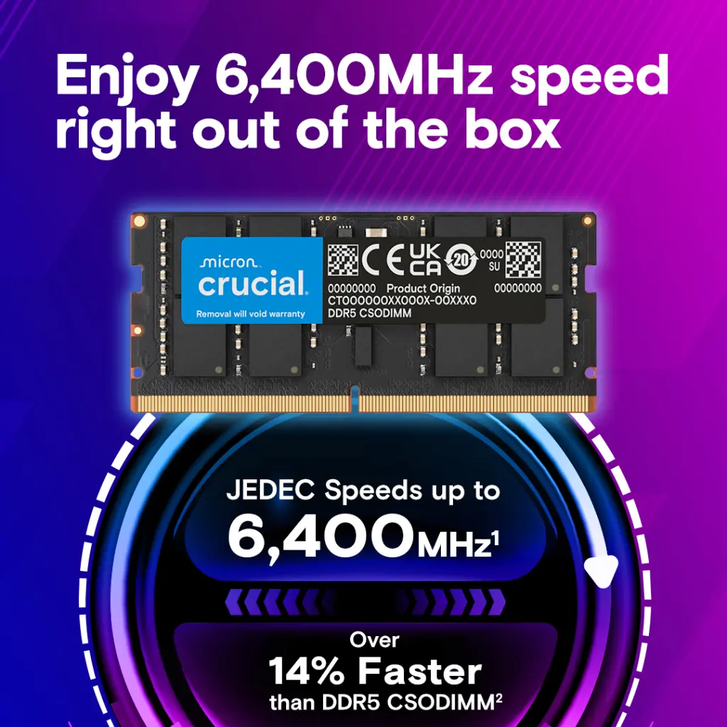 Crucial 32GB DDR5 RAM 6400MHz CL52 262-Pin CSODIMM Laptop Memory (CT32G64C52CS5) overview 1