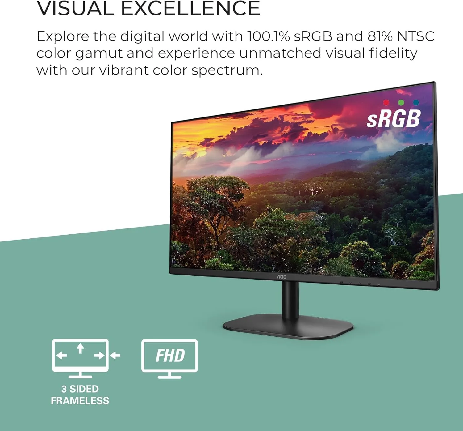AOC 27B2H2 27” Frameless IPS Monitor, FHD 1920x1080, 100Hz, 101% sRGB, for Home and Office, HDMI x2, Low Blue Mode, VESA Compatible, Black overview 2