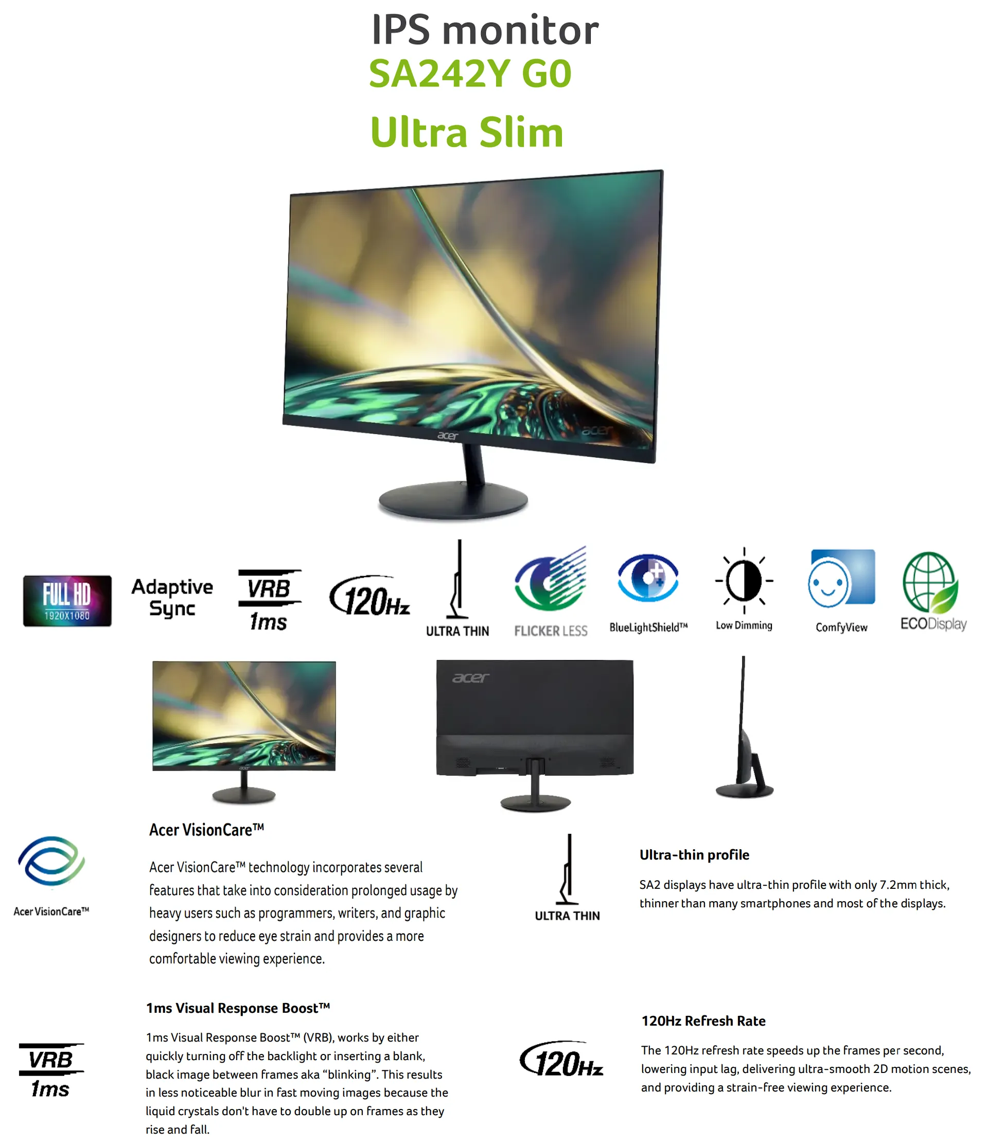 Acer SA242Y G0 23.8 Inch Full HD IPS Ultra Slim (7.2mm Thick) Backlight LED Monitor overview 1