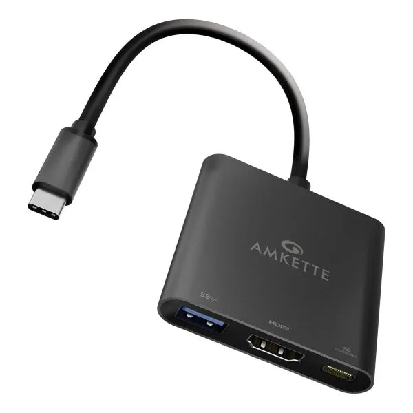 Amkette MultiPort Type C 3 in 1 Hub with 4K HDMI Output to Monitors (Gun Metal)