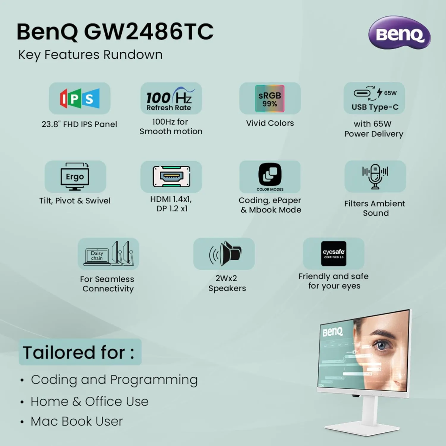 BenQ GW2486TC 24" IPS 100Hz Full HD Coding Monitor (White) overview 2
