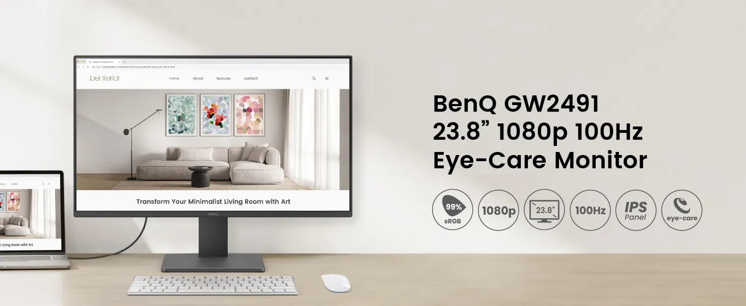 BenQ GW2491 23.8” 1920x1080 FHD 100Hz IPS Eye-Care 99% sRGB Monitor (Black) overview 1