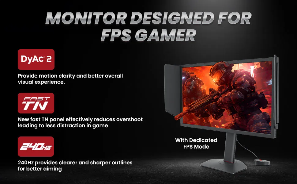 BenQ Zowie XL2546X 24.5”|Fast TN 240Hz 0.5ms|Gaming Monitor for Esports (FPS)|Motion Clarity with DyAc2 |XL Setting to Share|S Switch|Shield|Precise Height Adjust with Industrial Grade Bearing (Black) overview 2