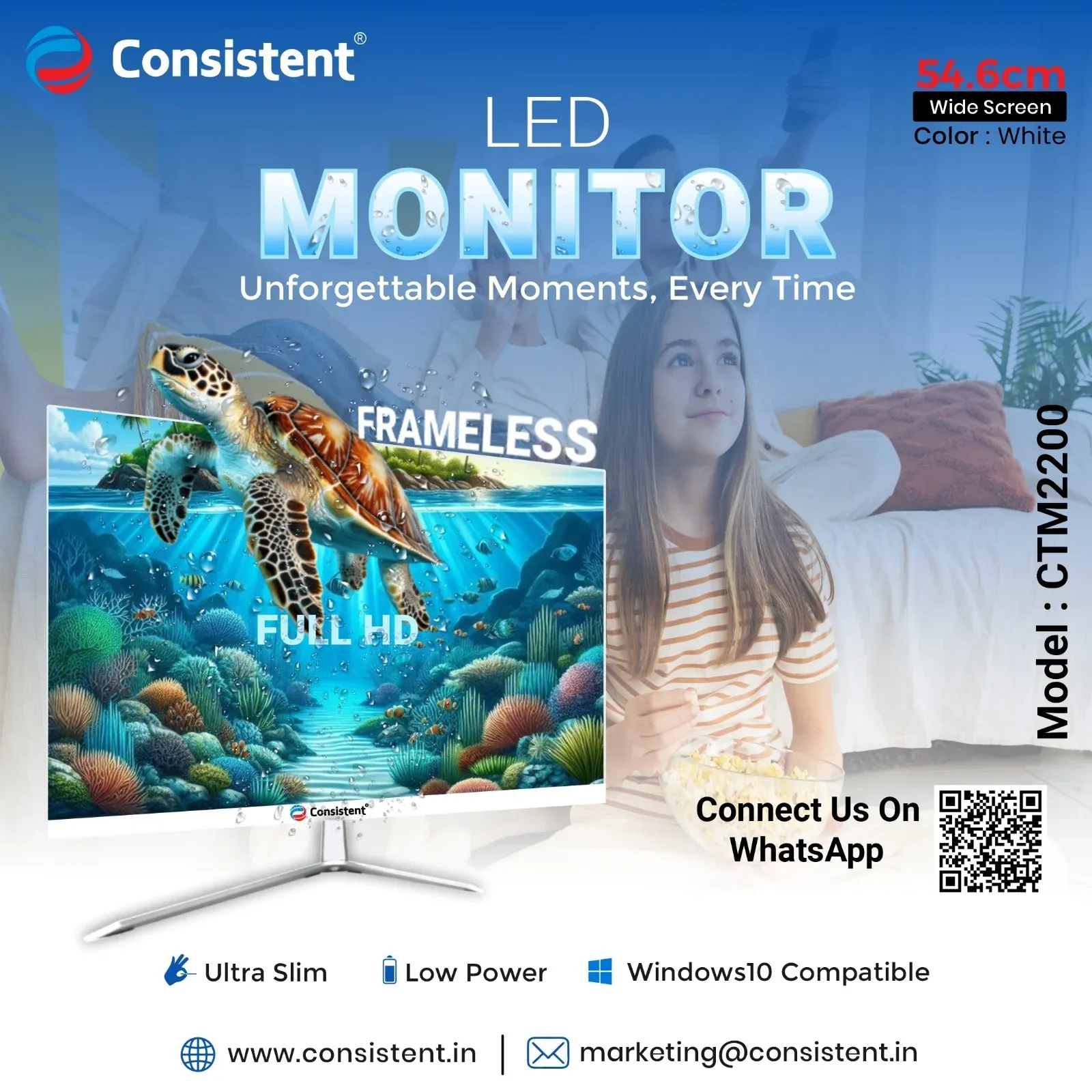 Consistent 2200 LED Monitor 21.5" inch (54.6 cm) Wide Display 1920 x 1080 Pixels Full HD HDMI, Framless (White) 3 Years Warranty overview 1