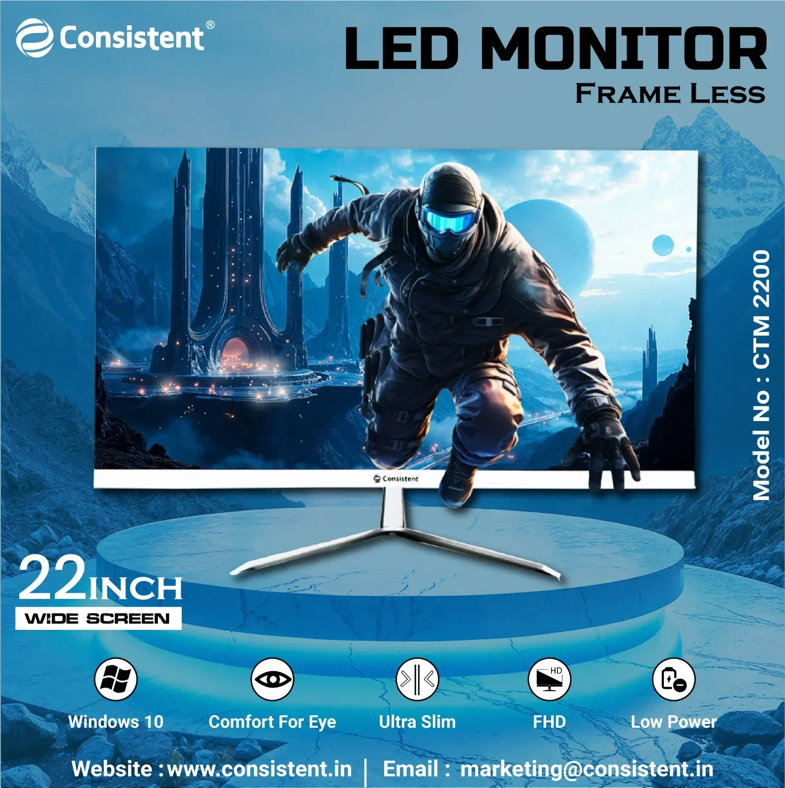 Consistent 2200 LED Monitor 21.5" inch (54.6 cm) Wide Display 1920 x 1080 Pixels Full HD HDMI, Framless (White) 3 Years Warranty overview 2