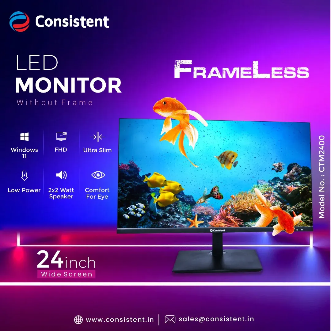 Consistent 2400 23.8" inch (60.5 cm) Wide Display 1920 x 1080 Pixels Full HD Ultra-Slim Frameless Monitor- HDMI, Inbuilt Speakers (BLACK) 3 Years Warranty overview 5