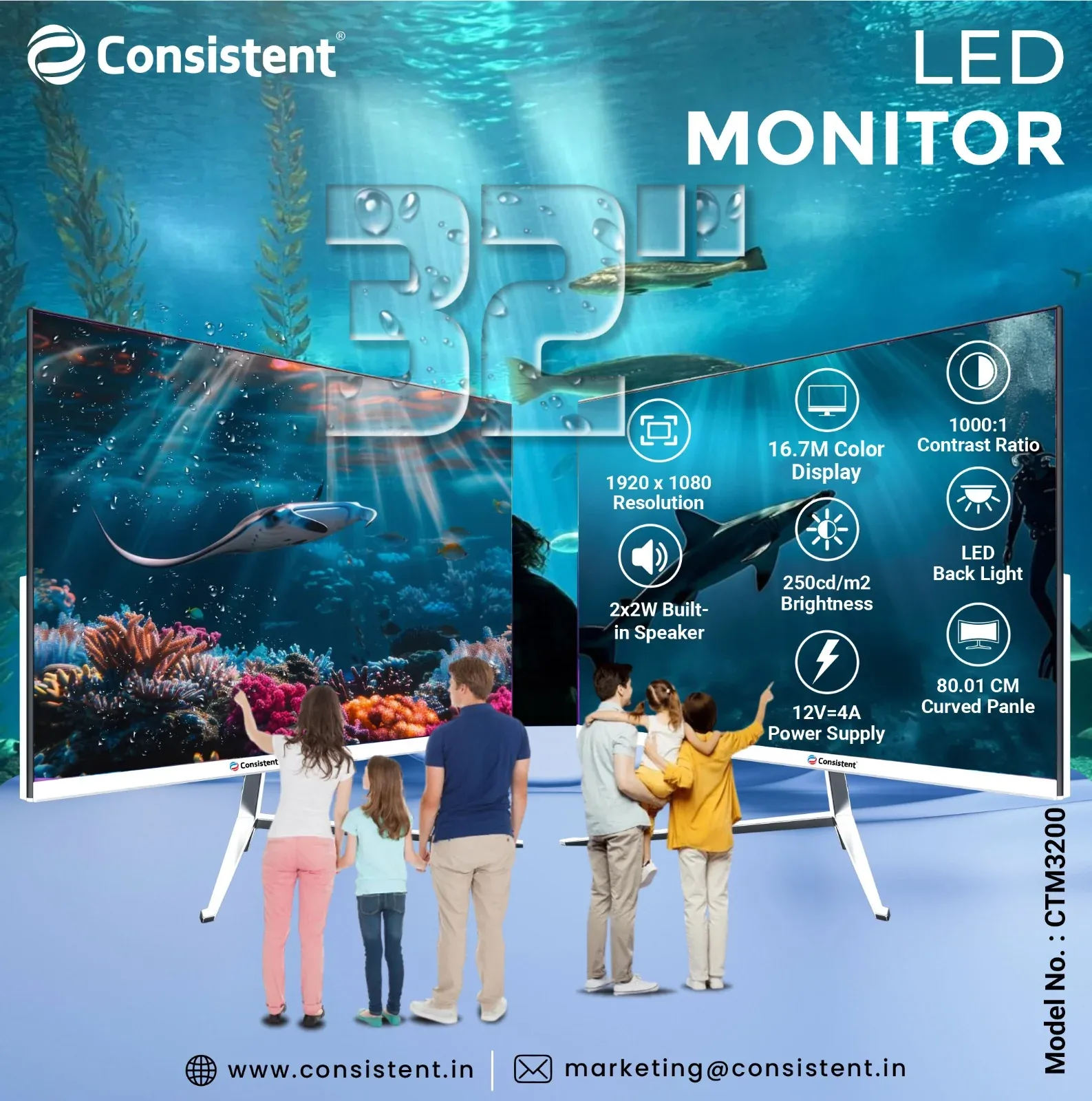 Consistent 3200 32 Inch Curved LED Monitor Panel Size 80.01 CM (31.5") Curved R3000 | Max. Resolution 1920 x 1080 | Viewing Angle H:178°/ V:178°(CR≥10) | I/O Interface VGA, HDMI, Earphone Out, DC Input overview 1