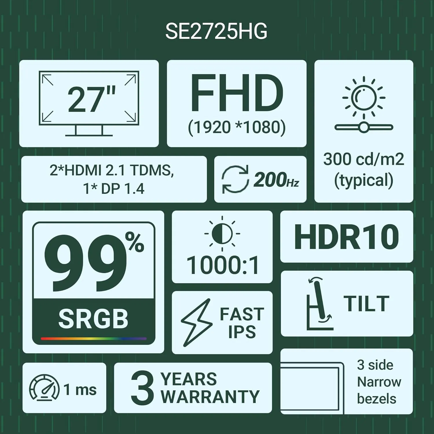 Dell SE2725HG 27" FHD IPS Gaming Monitor, 200Hz Refresh, 3side narrow bezels, 1ms GtG, AMD FreeSync Premium, HDR 10, 300nits, 1000:1 Contrast, 99% Srgb, Tilt, 2*HDMI 2.1 TDMS(supports HDMI VRR),DP 1.4 overview 1