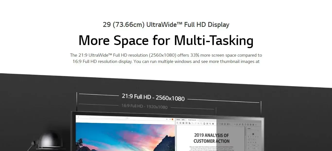 LG 29WL50S Ultrawide 29 Inch (73 cm) Wfhd 2560 X 1080 Pixels IPS Display - HDR 10, AMD Free Sync, Inbuilt 5W Speaker, Srgb 99%, Multi Tasking Monitor, Black overview 1