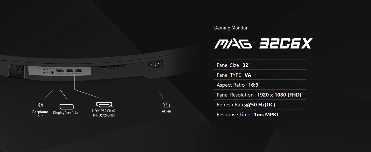 MSI MAG 32C6X 31.5 Inch 1920 x 1080 (FHD) HDR 250 Hz Curved Gaming Monitor overview 9