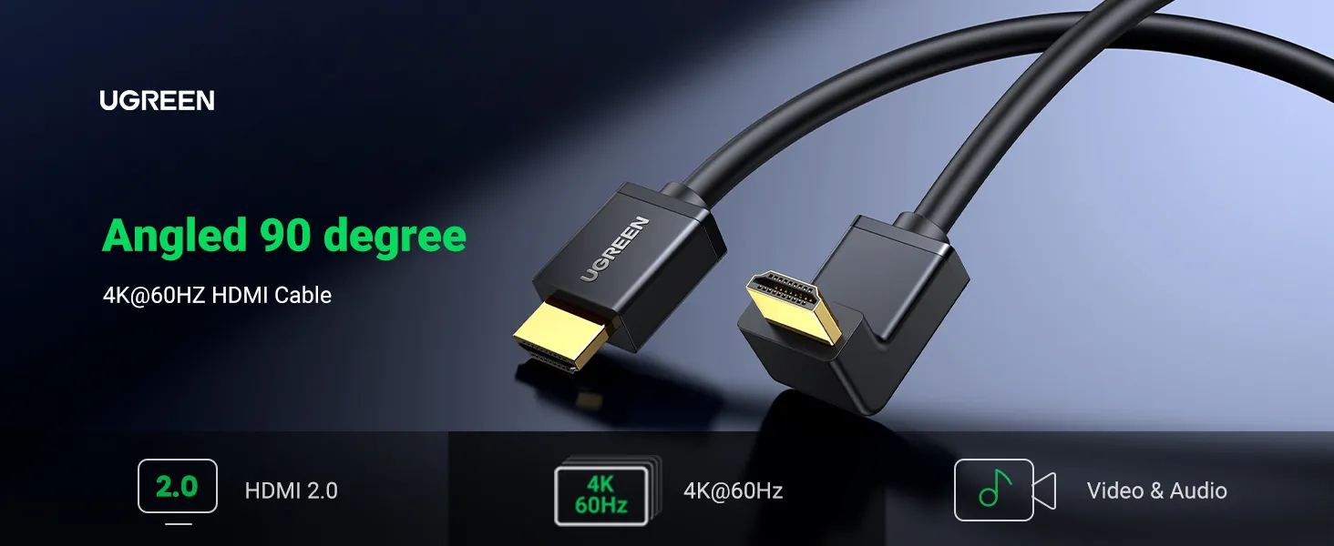 UGREEN HDMI Cable Right Angle 4K 90 Degree HDMI Cord High Speed Down Angle HDMI 2.0 Cable, 4K@60Hz HD 3D 1080P ARC Compatible for Laptop Monitor Nintendo Switch Xbox PS5 PC TV 6.6FT overview 1
