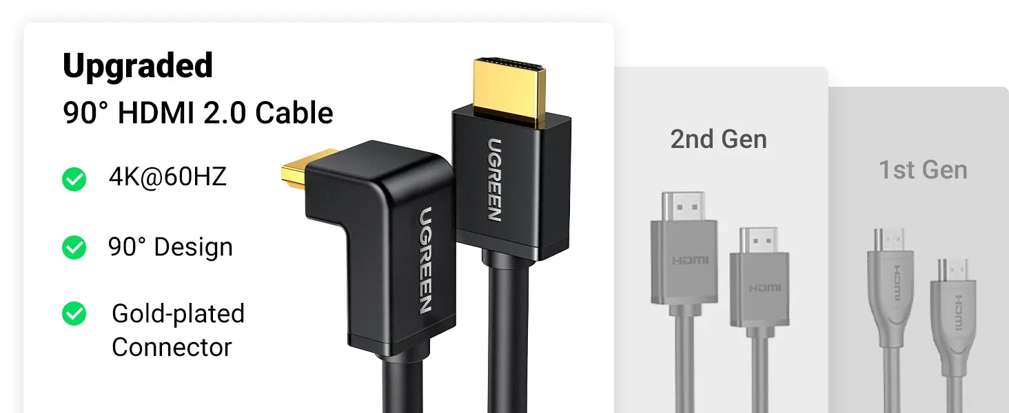 UGREEN HDMI Cable Right Angle 4K 90 Degree HDMI Cord High Speed Down Angle HDMI 2.0 Cable, 4K@60Hz HD 3D 1080P ARC Compatible for Laptop Monitor Nintendo Switch Xbox PS5 PC TV 6.6FT overview 4