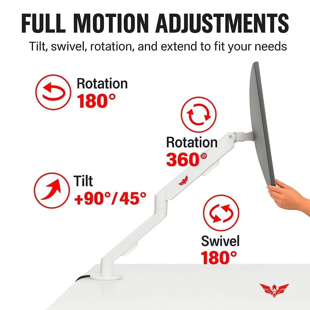 WAR HAMMER Heavy Duty Pro Series Ergonomic Single Monitor Arm with Gas Spring (White) overview 4