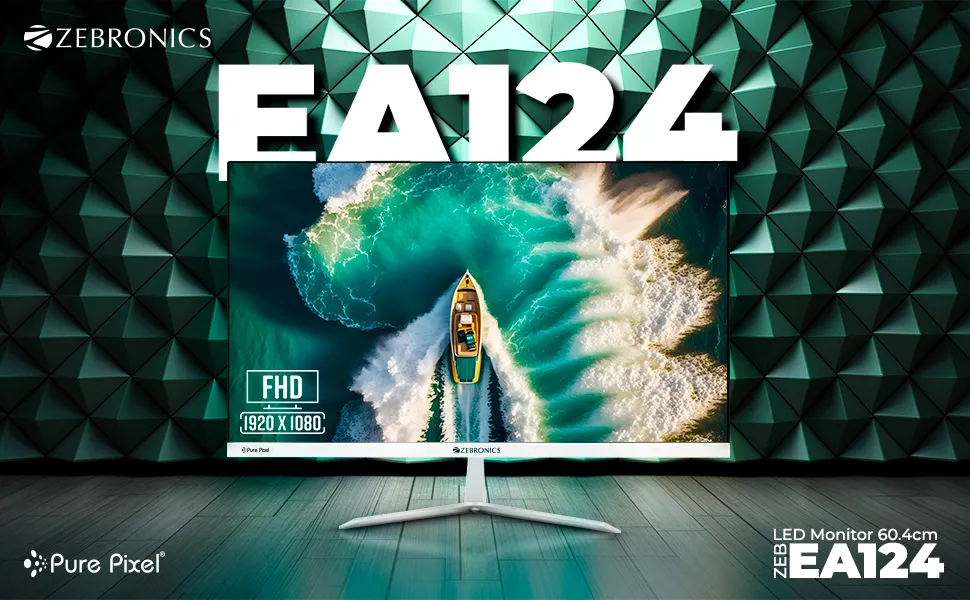 ZEBRONICS EA124 LED Monitor, 24 inch (60.4cm), 250 nits, 100Hz, FHD, 1920x1080, HDMI, VGA, Ultra Slim Bezel, Built-in Speakers, Metal Stand, Wall Mountable overview 1