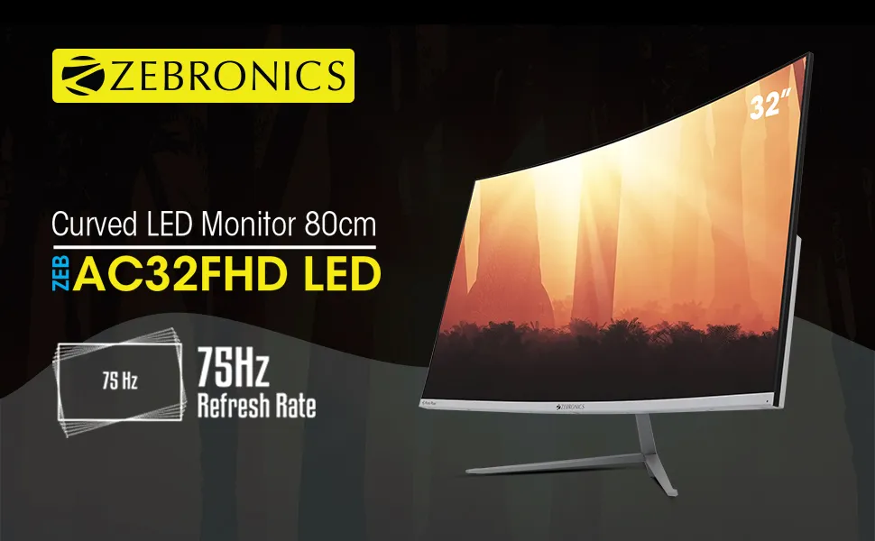 ZEBRONICS Zeb-AC32FHD LED Curved 75Hz 80Cm (32") (81.28 Cm) 1920x1080 Pixels FHD Resolution Monitor with HDMI + VGA Dual Input, Built-in Speaker, Max 250 Nits Brightness, Black overview 1