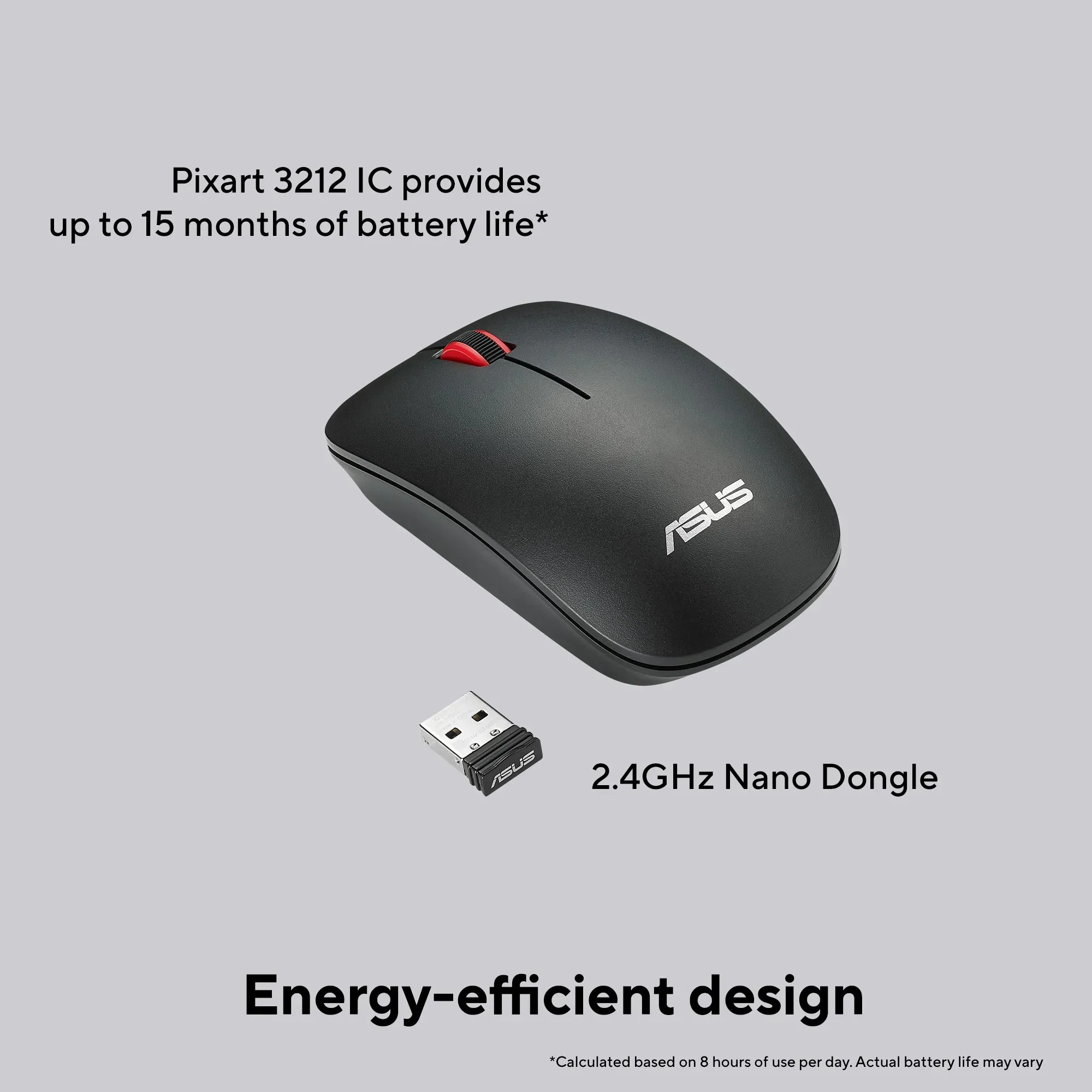 ASUS WT300 Wireless Ergonomic USB Mouse, Ambidextrous Design, Up to 1600 Dpi, Compact & Lighweight Mouse,2.4GHz Nano Dongle, Up to 15 Months of Battery Life - Black overview 4