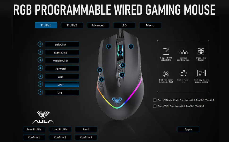 AULA F805 Wired Gaming Mouse (Black) overview 6