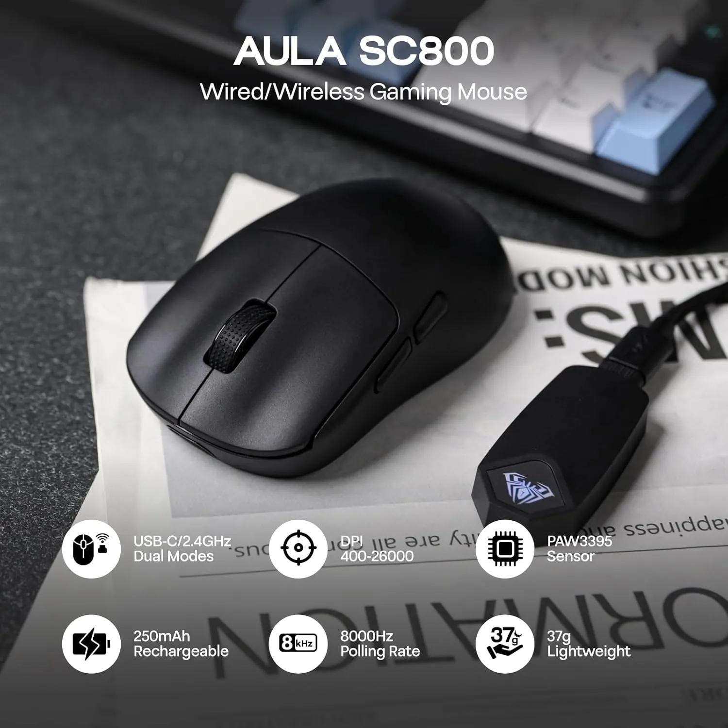 AULA SC800 Tri-Mode (2.4G/BT/Wired) Gaming Mouse (Black) overview 1