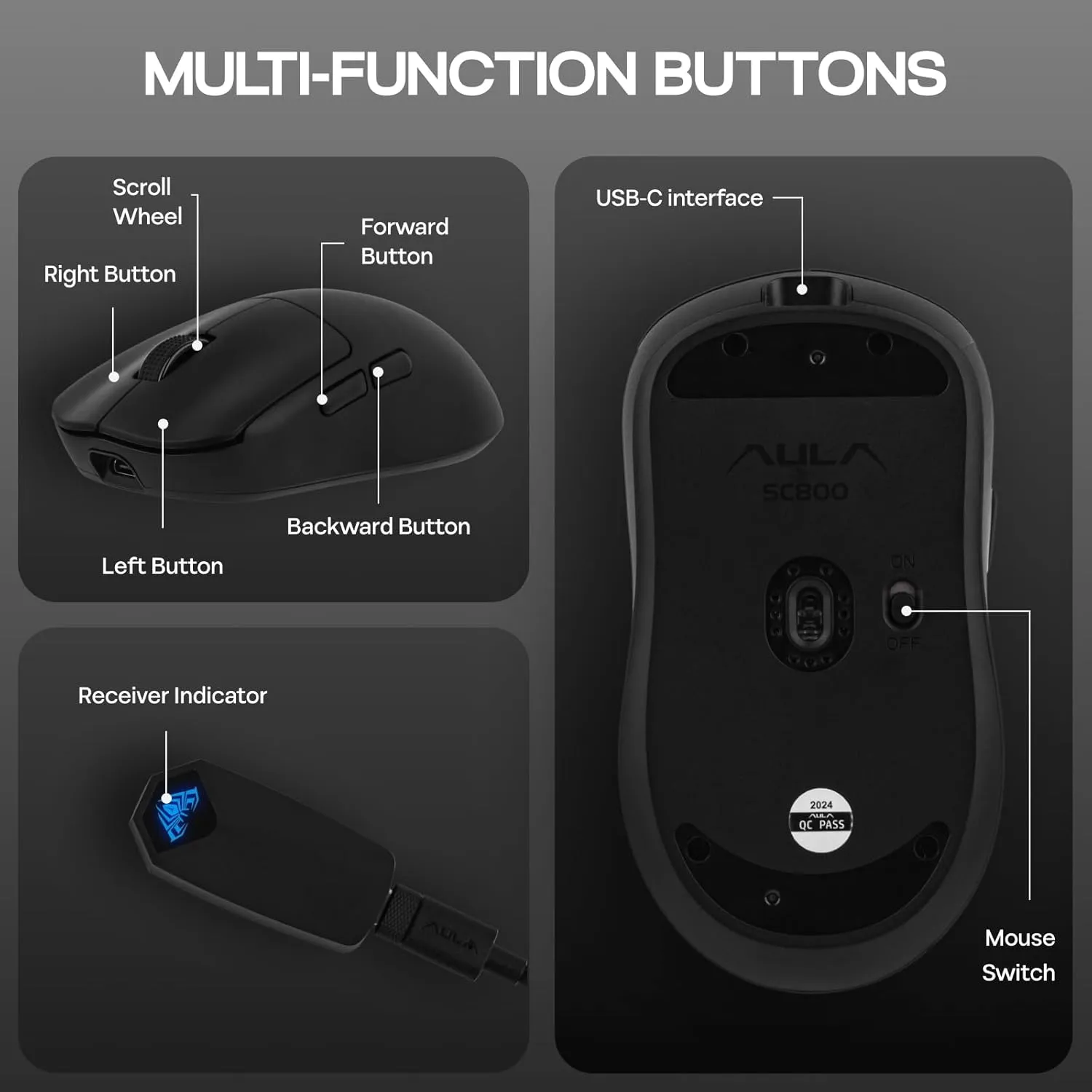 AULA SC800 Tri-Mode (2.4G/BT/Wired) Gaming Mouse (Black) overview 6