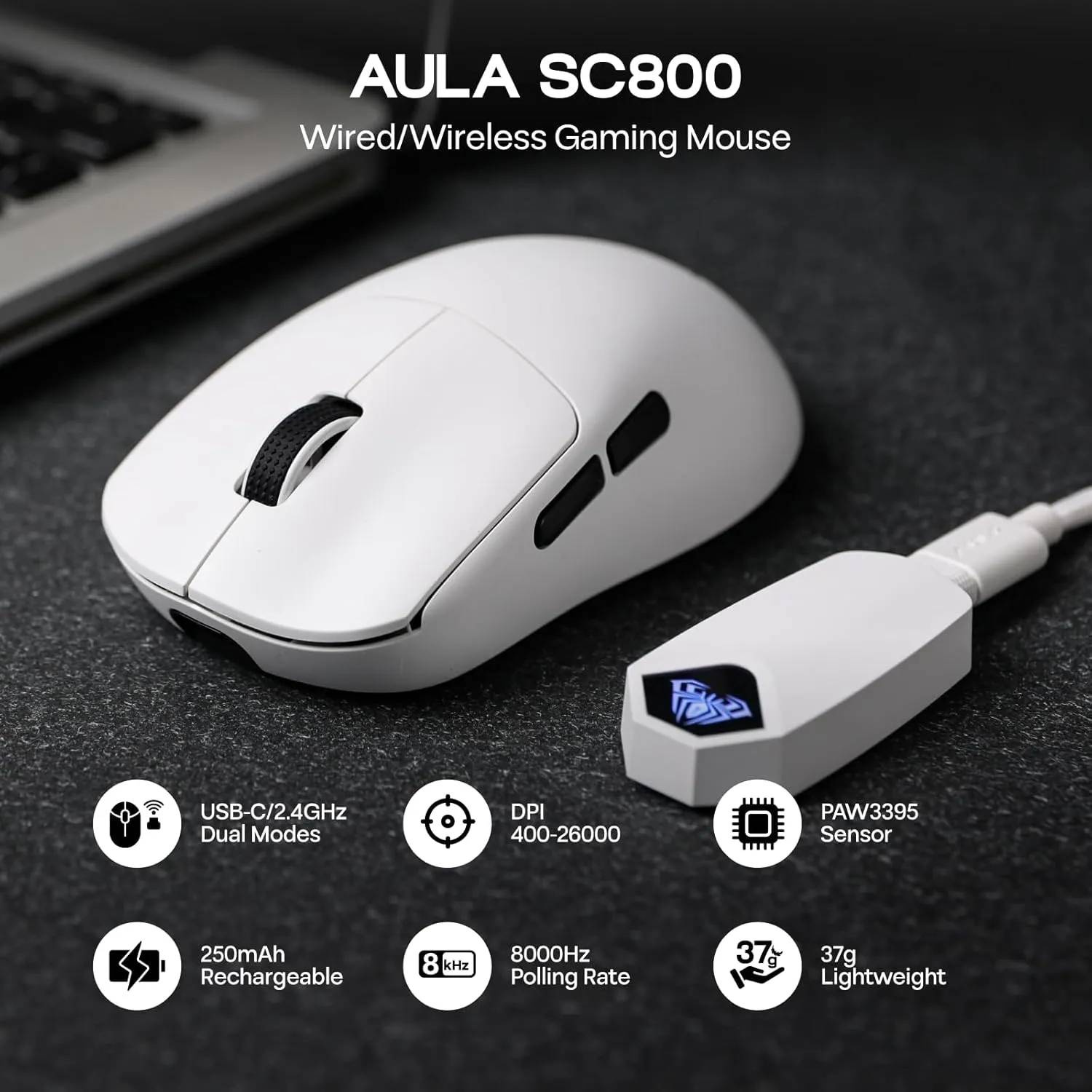 AULA SC800 Tri-Mode (2.4G/BT/Wired) Gaming Mouse (White) overview 1