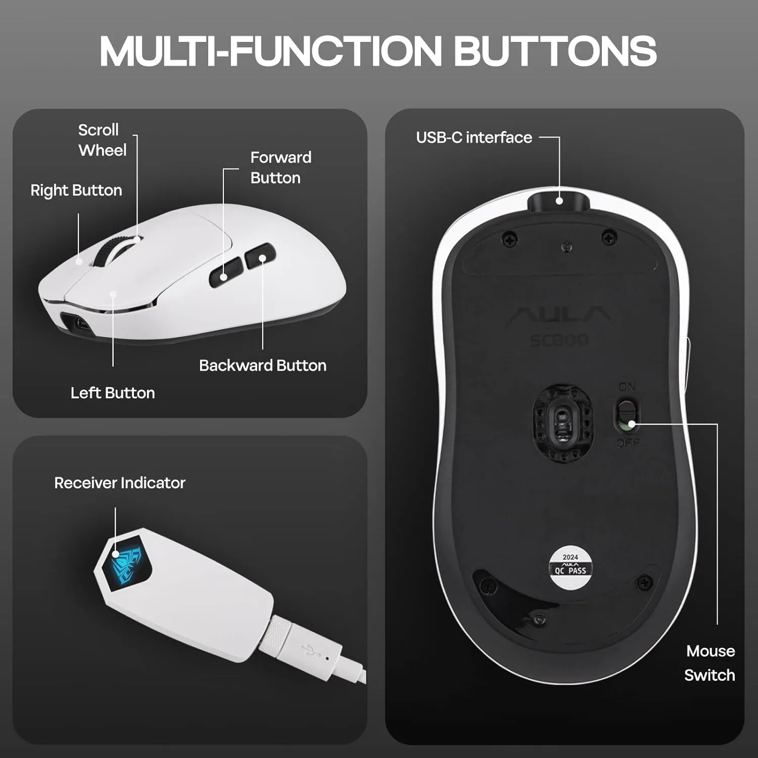 AULA SC800 Tri-Mode (2.4G/BT/Wired) Gaming Mouse (White) overview 6