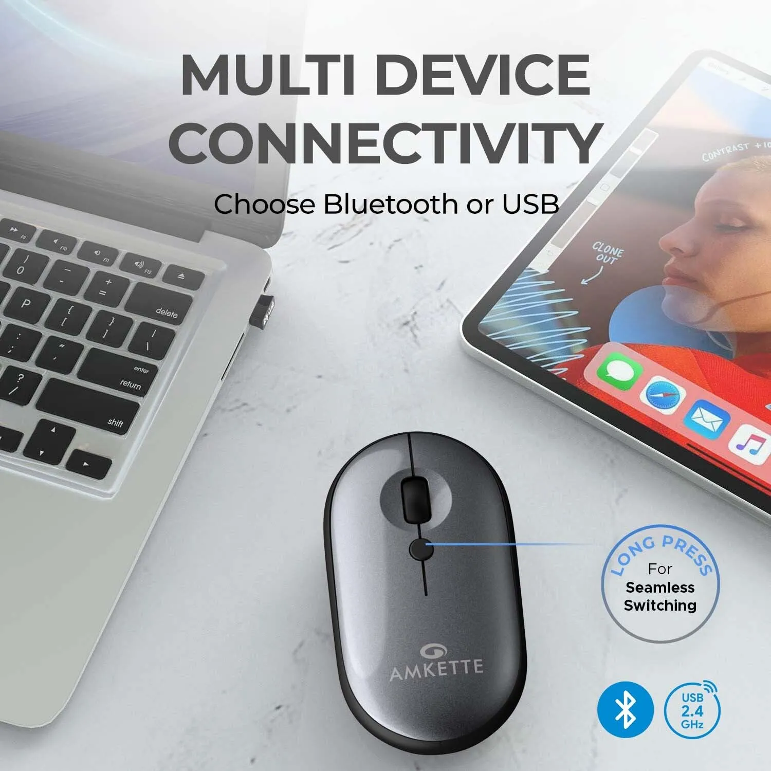 Amkette HushPro Byte Bluetooth Mouse (Grey) overview 1