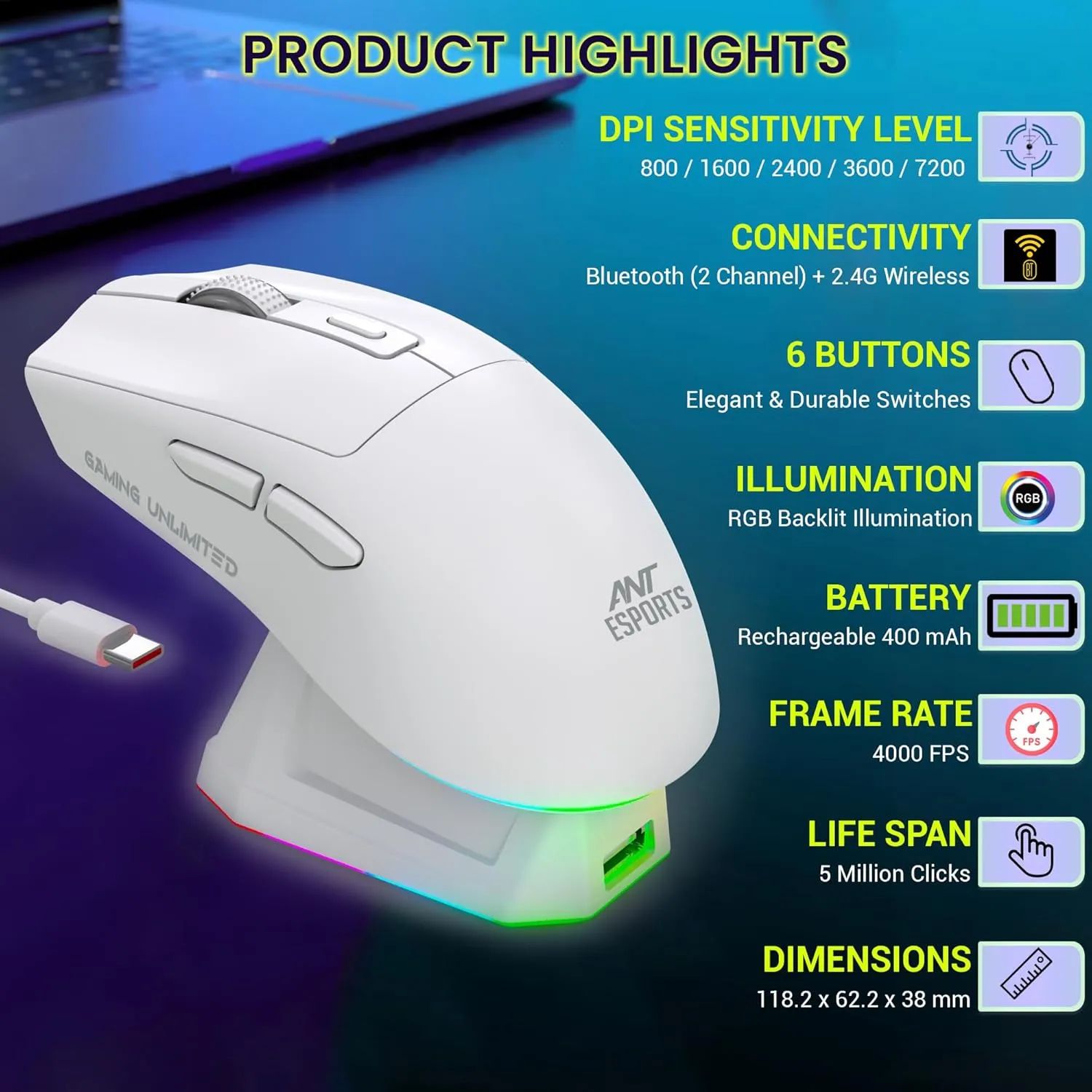 Ant Esports GM810 Pro Wireless Optical Gaming Mouse (White) overview 3
