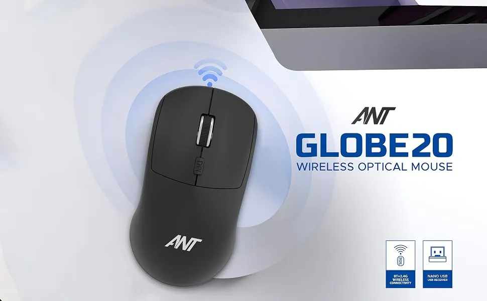 Ant Esports Globe 20 Wireless Optical Mouse, 4 Button, Dual Mode 2.4GHz & Bluetooth overview 1