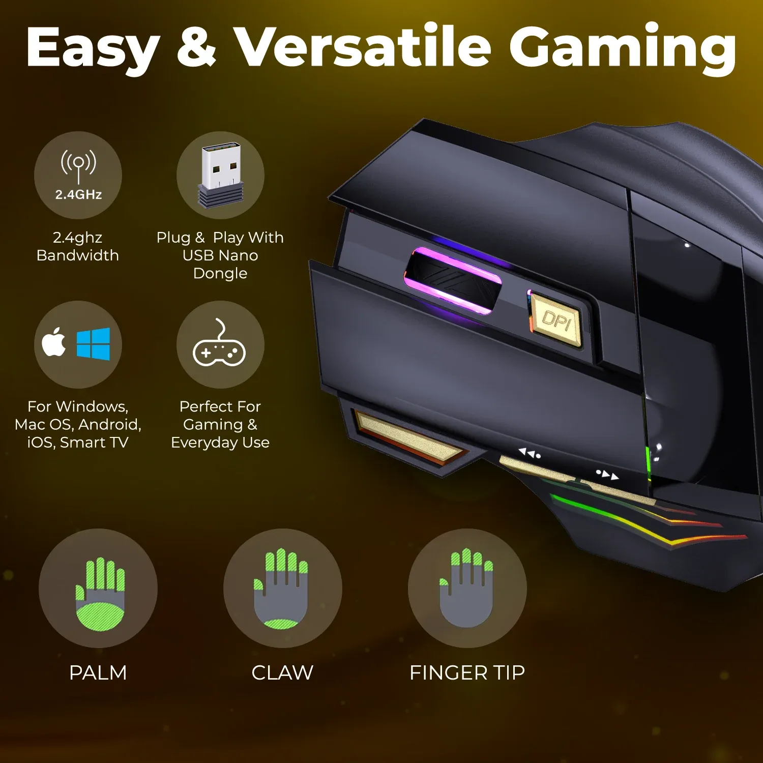 Coconut WM22 Gold Wireless Gaming Mouse, Rechargeable, Ergonomic overview 3