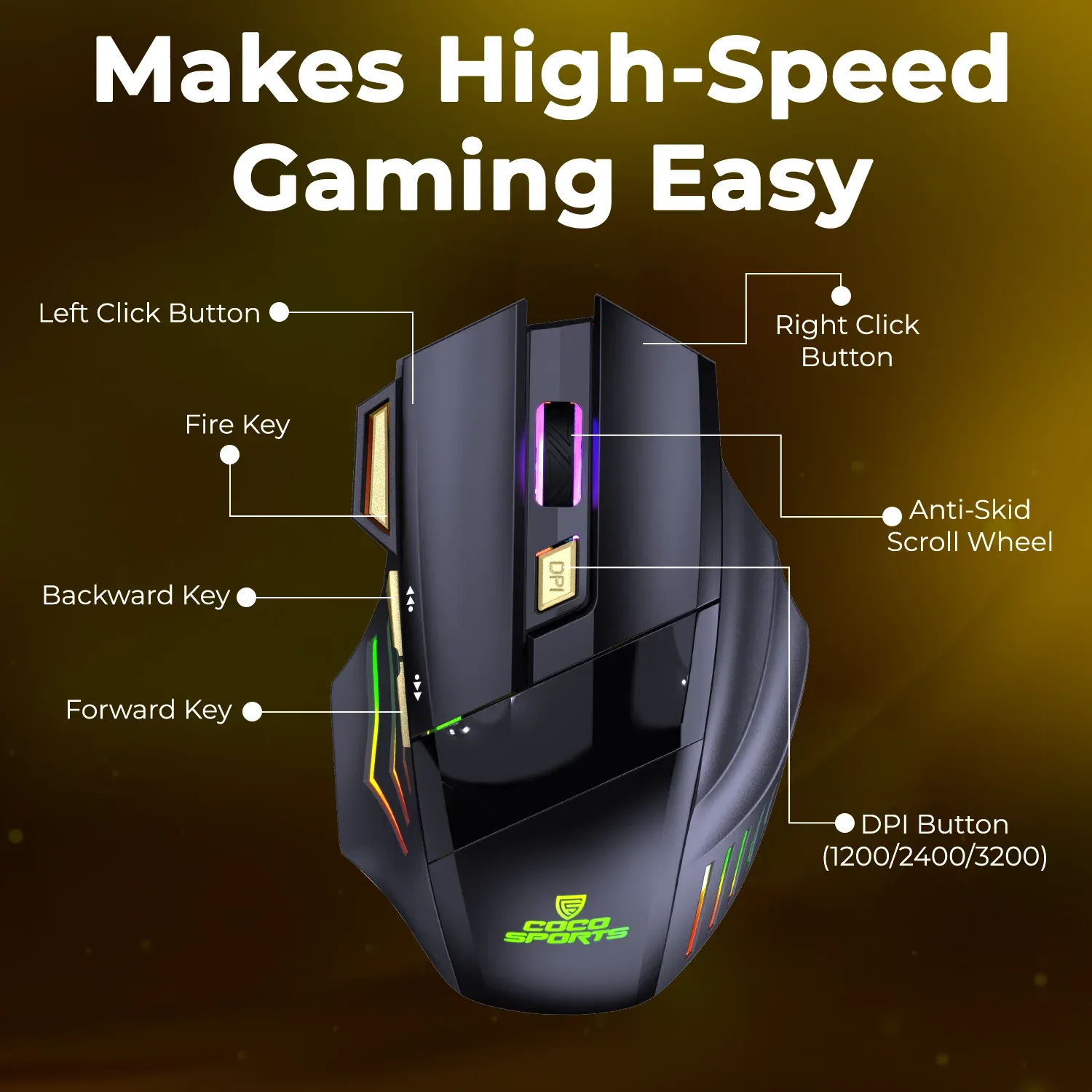 Coconut WM22 Gold Wireless Gaming Mouse, Rechargeable, Ergonomic overview 5