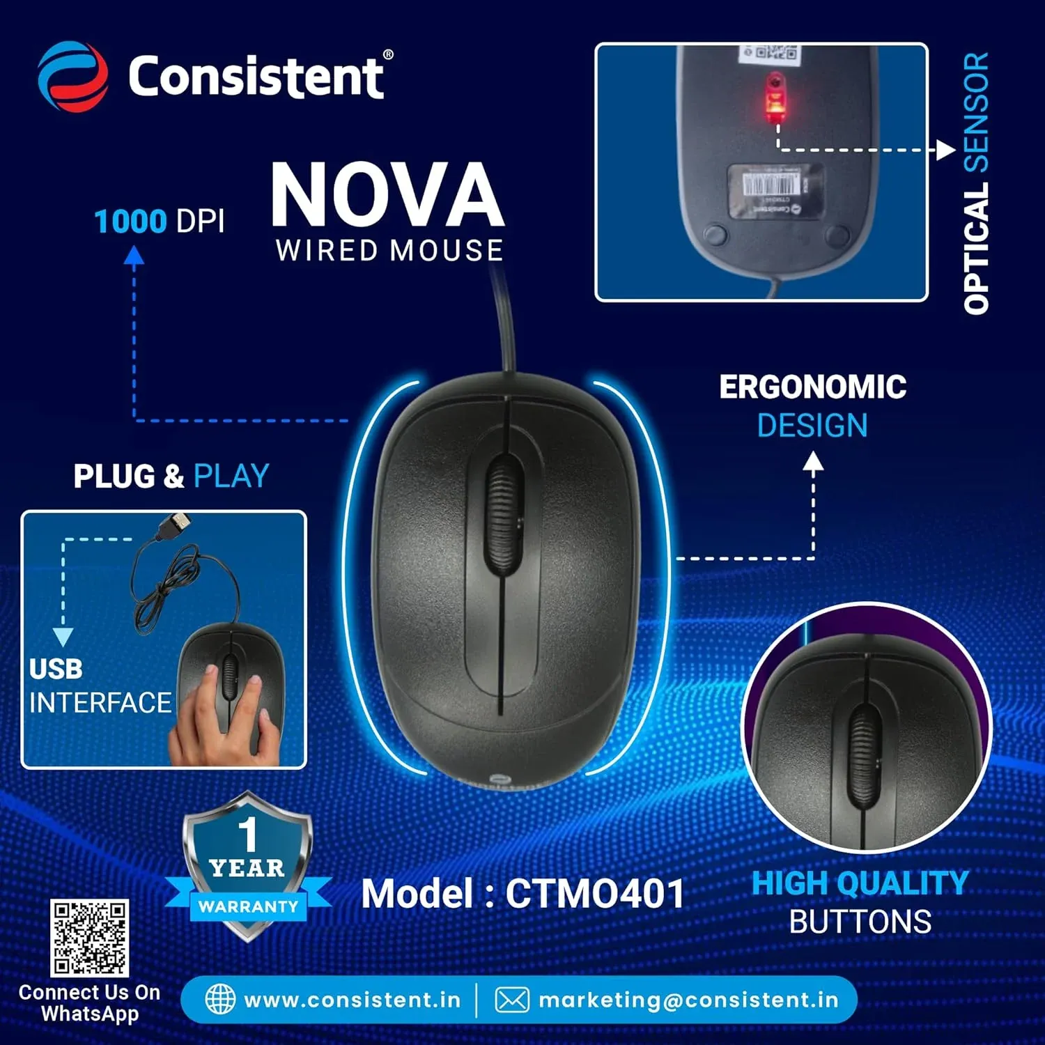 Consistent Nova Wired Mouse | Ergonomic Design | 1000 DPI | Optical Sensor overview 1