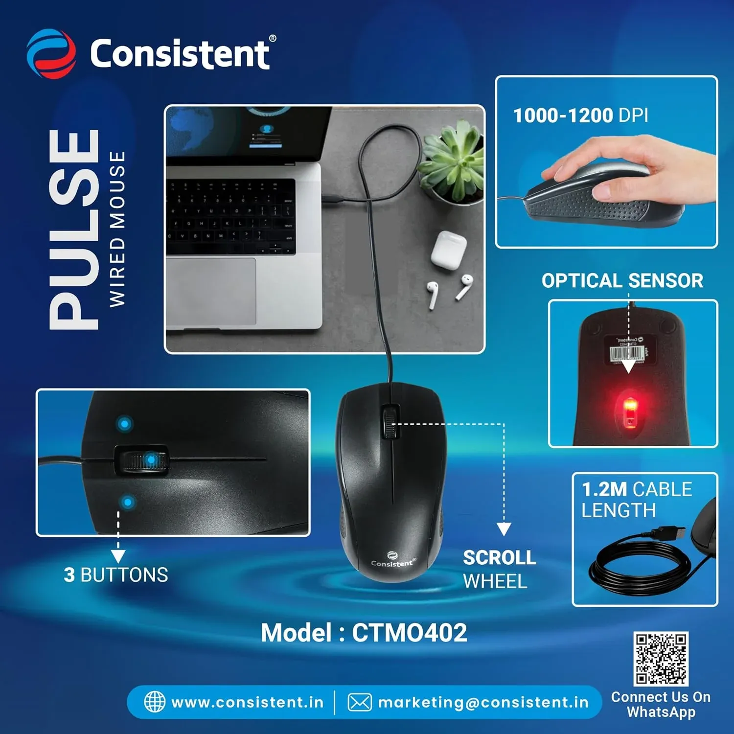 Consistent Pulse Wired Mouse for Desktop and Laptop | 1000-1200 DPI | Ergonomic Design overview 1