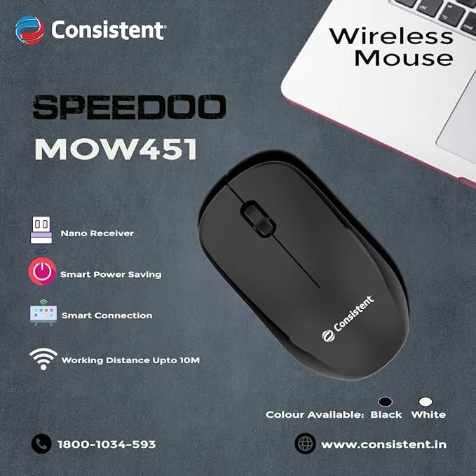 Consistent Speedoo Wireless Mouse 2.4G Portable Mobile Optical Office Mouse with USB MOW451 (Black) overview 1