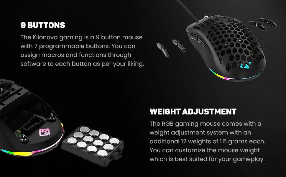 Cosmic Byte Kilonova PRO 3389IC RGB Wired Gaming Mouse with Pixart 3389 Sensor, Ultra Lightweight 73grams, Adjustable Weights, Paracord Cable, Replaceable Top Cover and Side Buttons overview 4