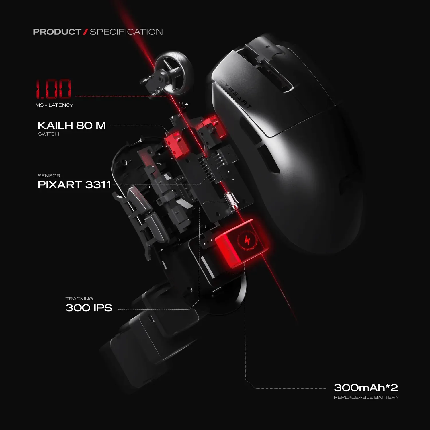 Cybeart Artemis - 1K 52g Ultra-light Hot-Swap Battery Tri-Mode Wireless Gaming Mouse - Black overview 2