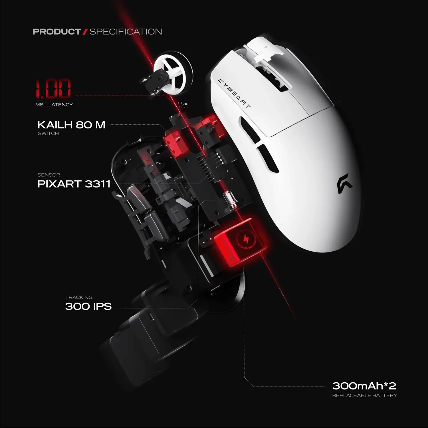 Cybeart Artemis - 1K 52g Ultra-light Hot-Swap Battery Tri-Mode Wireless Gaming Mouse - White overview 2