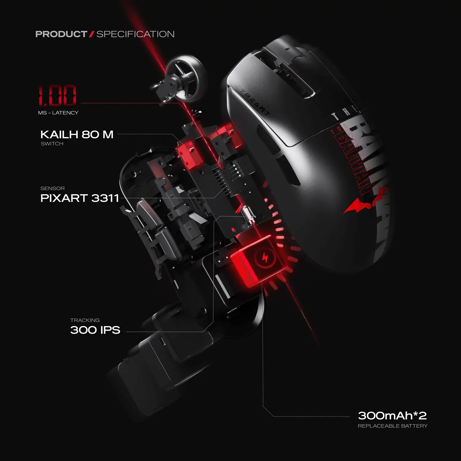 Cybeart Artemis - The Batman - 1K 52g Ultra-light Hot-Swap Battery Tri-Mode Wireless Gaming Mouse overview 2