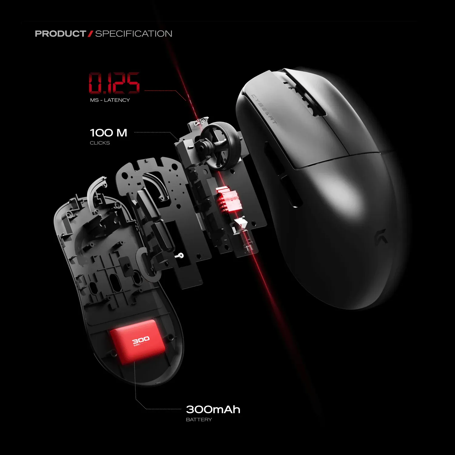 Cybeart Xeus - 8K 39g Ultra-light Tri-Mode Wireless Gaming Mouse - Black overview 2