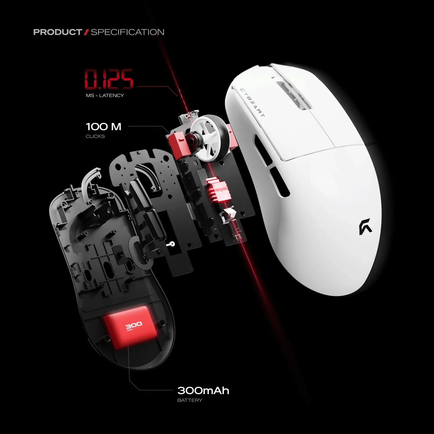 Cybeart Xeus - 8K 39g Ultra-light Tri-Mode Wireless Gaming Mouse - White overview 2