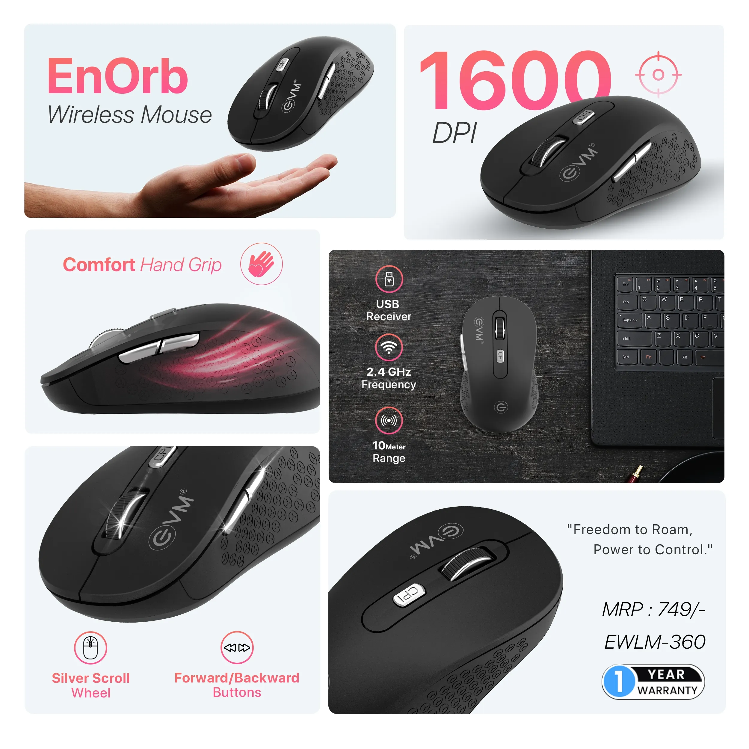 EVM Enorb EWLM-360 Wireless Mouse (Black) overview 1