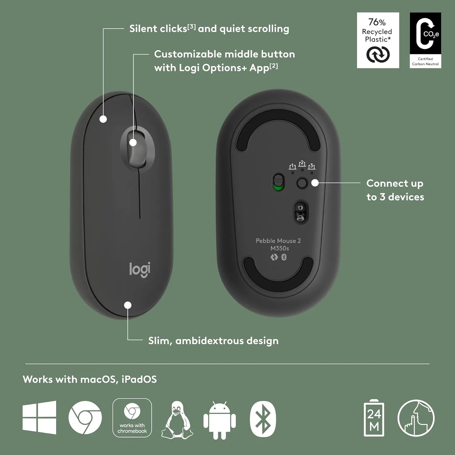 Logitech Pebble Mouse 2 M350s Slim Bluetooth Wireless Mouse (Tonal Graphite) overview 10
