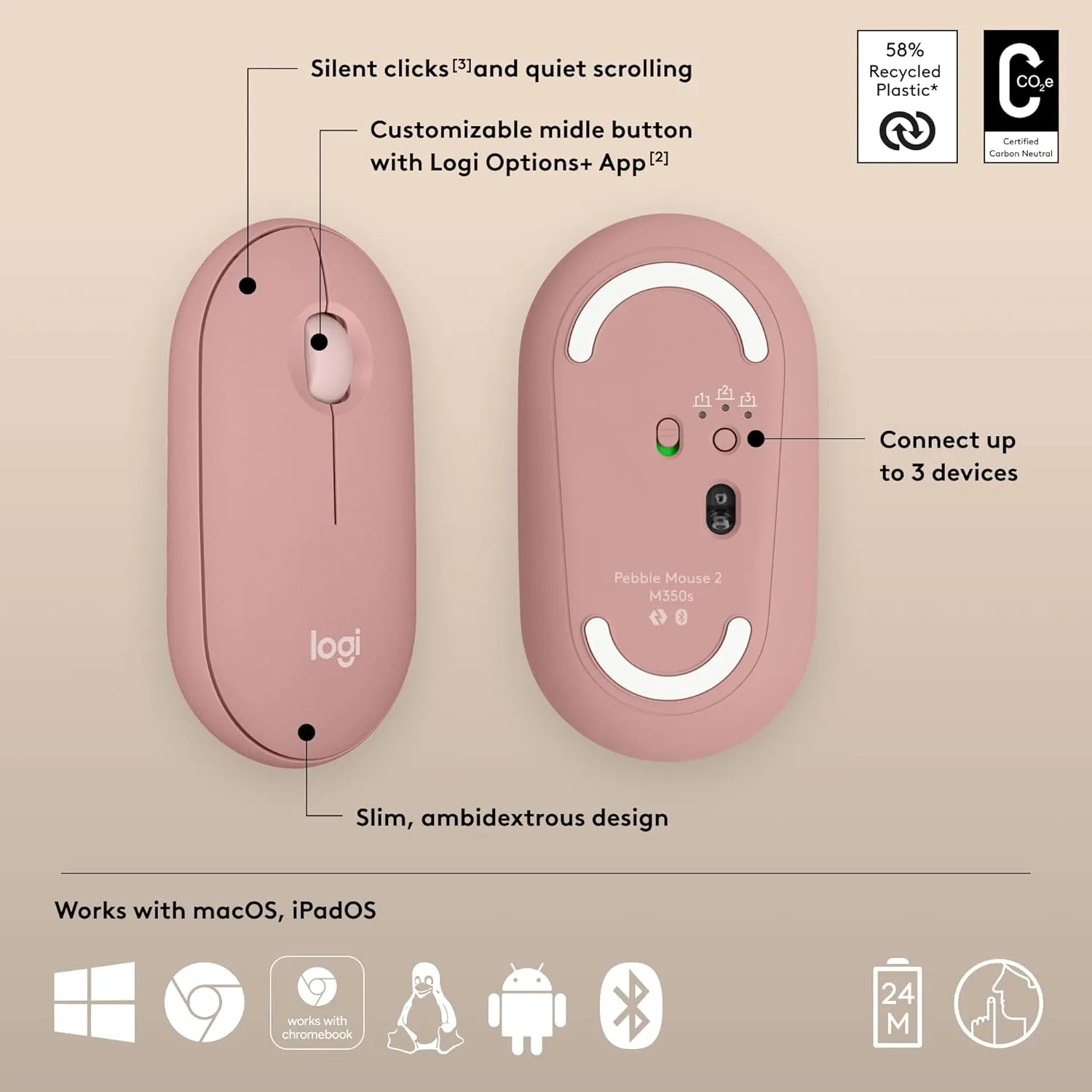 Logitech Pebble Mouse 2 M350s Slim Bluetooth Wireless Mouse (Tonal Rose) overview 10