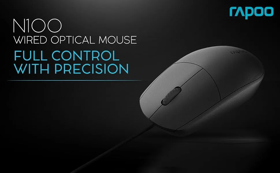 RAPOO N100 Wired USB Mouse 1600 DPI Optical Tracking, Ambidextrous PC/Mac/Laptop (Black) overview 1