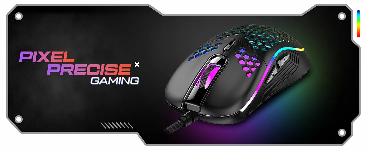 TAG Gamerz Fusion RGB Gaming Mouse Black USB Wired, Honeycomb Design, 4800 DPI Optical Sensor, 6 Buttons, 3 Million Clicks, 7 RGB Lighting Effects, 1.5m Braided Cable, for Windows Mac Linux PC Laptop overview 1