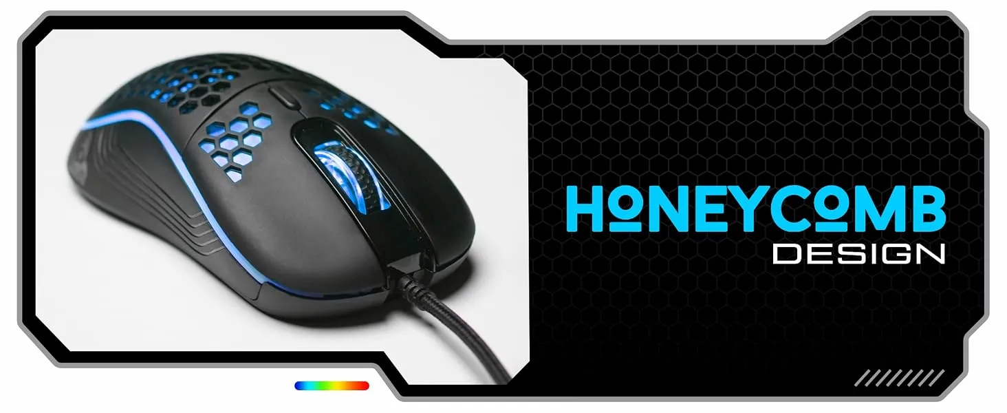 TAG Gamerz Fusion RGB Gaming Mouse Black USB Wired, Honeycomb Design, 4800 DPI Optical Sensor, 6 Buttons, 3 Million Clicks, 7 RGB Lighting Effects, 1.5m Braided Cable, for Windows Mac Linux PC Laptop overview 2