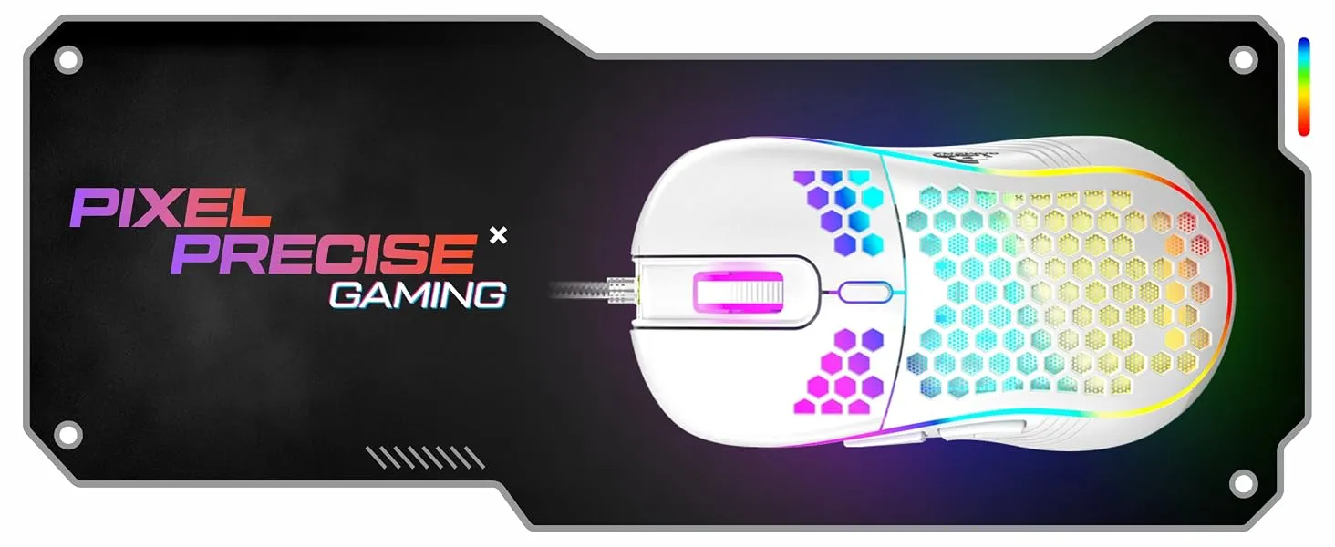 TAG Gamerz Fusion RGB Gaming Mouse White USB Wired, Honeycomb Design, 4800 DPI Optical Sensor, 6 Buttons, 3 Million Clicks, 7 RGB Lighting Effects, 1.5m Braided Cable, for Windows Mac Linux PC Laptop overview 1