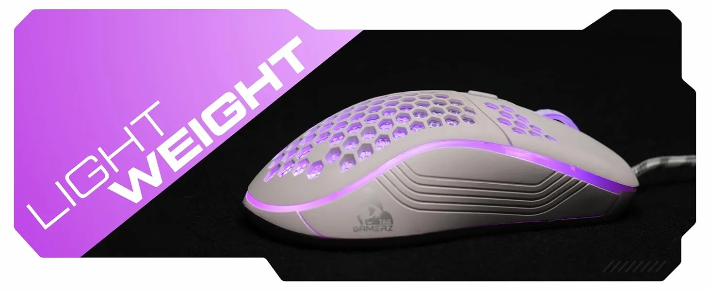 TAG Gamerz Fusion RGB Gaming Mouse White USB Wired, Honeycomb Design, 4800 DPI Optical Sensor, 6 Buttons, 3 Million Clicks, 7 RGB Lighting Effects, 1.5m Braided Cable, for Windows Mac Linux PC Laptop overview 2